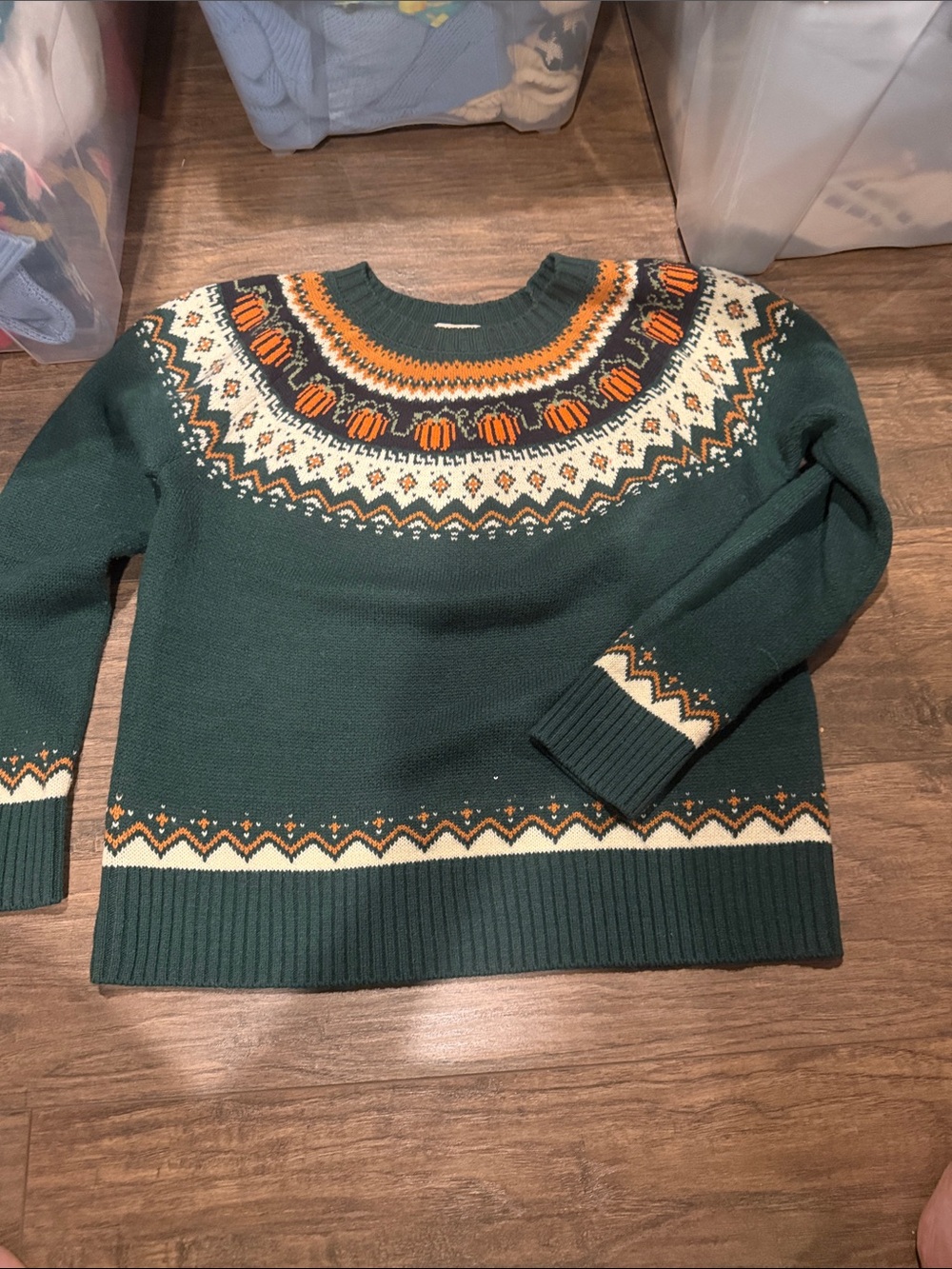 Kiel James Patrick Women's Green Fair Isle Pullover Sweater with Pumpkin Accent